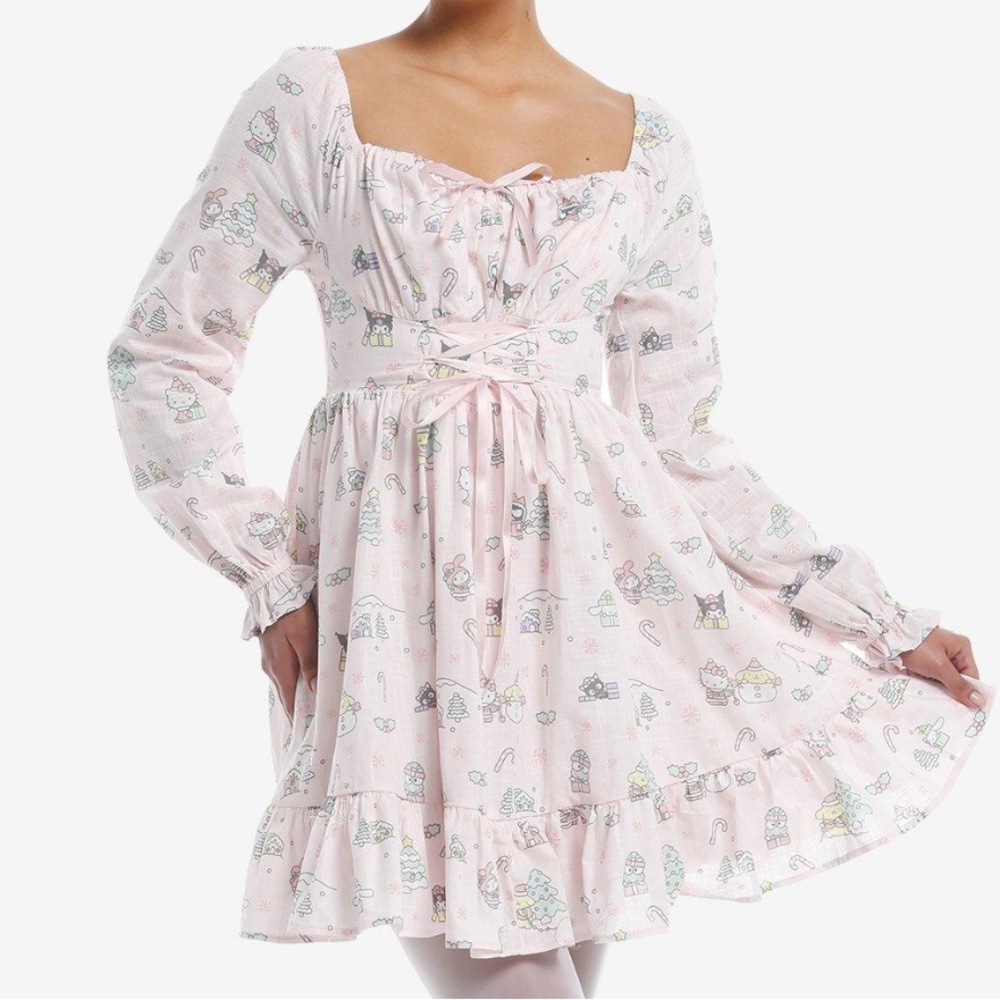 Hello Kitty & Friends Holiday Pink Lace Up Long Sleeve Dress Hot Topic Christmas